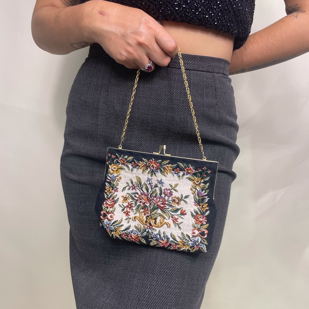 Vintage 50s 60s floral tapestry knit crossbody clutch purse bag
